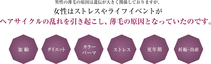 男性の薄毛の原因は遺伝が大きく関係しておりますが、女性はストレスやライフイベントがヘアサイクルの乱れを引き起こし、薄毛の原因となっていたのです。加齢 ダイエット カラーパーマ ストレス 更年期 妊娠・出産