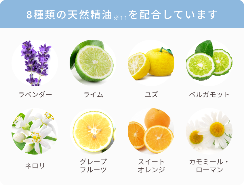 8種類の天然精油<sub>※11</sub>を配合しています ラベンダー ライム ユズ ベルガモット ネロリ グレープフルーツ スイートオレンジ カモミール・ローマン