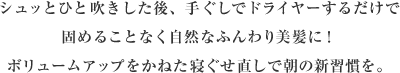 シュッとひと吹きした後、手ぐしでドライヤーするだけで固めることなく自然なふんわり美髪に！ボリュームアップをかねた寝ぐせ直しで朝の新習慣を。