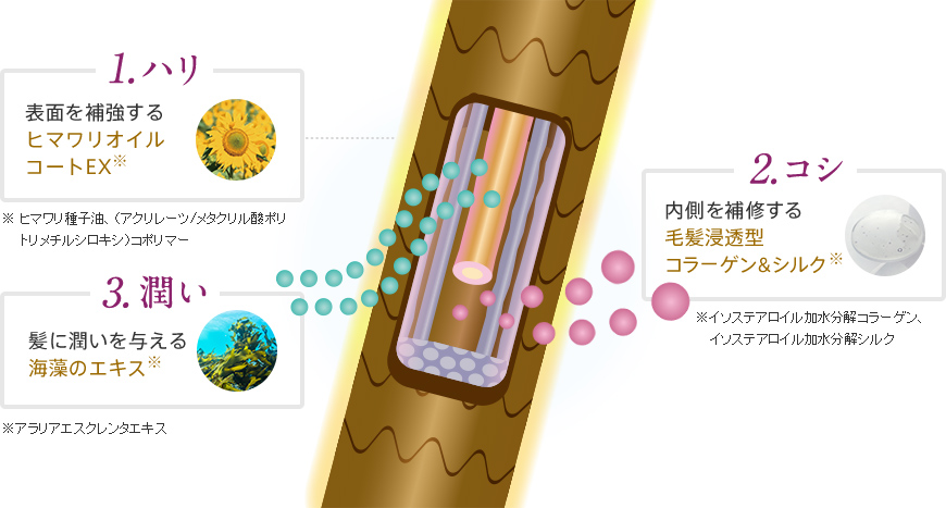 1 ハリ 表面を補強するスサビノリエキス 2 コシ 内側を補修する毛髪浸透型コラーゲン&シルク 3 潤い 髪に潤いを与える海藻エキス