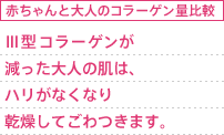 赤ちゃんと大人のコラーゲン量比較 Ⅲ型コラーゲンが減った大人の肌は、ハリがなくなり乾燥して老けて見えます。