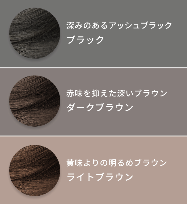 深みのあるアッシュブラック  ブラック  赤味を抑えた深いブラウン  ダークブラウン  黄味よりの明るめブラウン  ライトブラウン