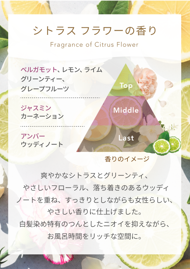 シトラスフラワーの香り  Fragrance of Citrus Flower  Top  ベルガモット、レモン、ライム グリーンティー、グレープフルーツ  Middle  ジャスミン カーネーション  Last  アンバー ウッディノート  香りのイメージ  爽やかなシトラスとグリーンティ、やさしいフローラル、落ち着きのあるウッディノートを重ね、すっきりとしながらも女性らしい、やさしい香りに仕上げました。白髪染め特有のつんとしたニオイを抑えながら、お風呂時間をリッチな空間に。