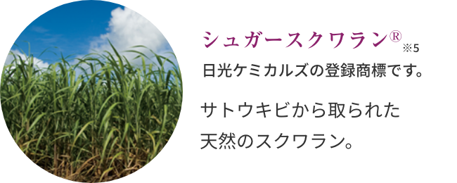 シュガースクワランⓇ ※6  日光ケミカルズの登録商標です。  サトウキビから取られた天然のスクワラン。