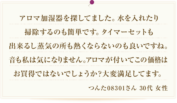 アロマ加湿器を探してました。水を入れたり掃除するのも簡単です。タイマーセットも出来るし蒸気の所も熱くならないのも良いですね。音も私は気になりません。アロマが付いてこの価格はお買得ではないでしょうか？大変満足してます。 つんた08301さん 30代 女性