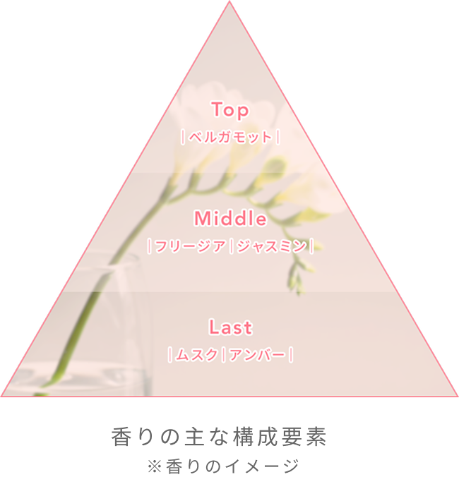 Top ベルガモット  Middle フリージア ジャスミン  Last ムスク アンバー  香りの主な構成要素  ※香りのイメージ