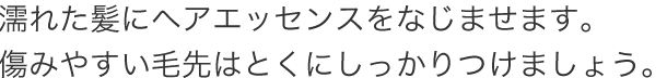 濡れた髪にヘアエッセンスをなじませます。傷みやすい毛先はとくにしっかりつけましょう。