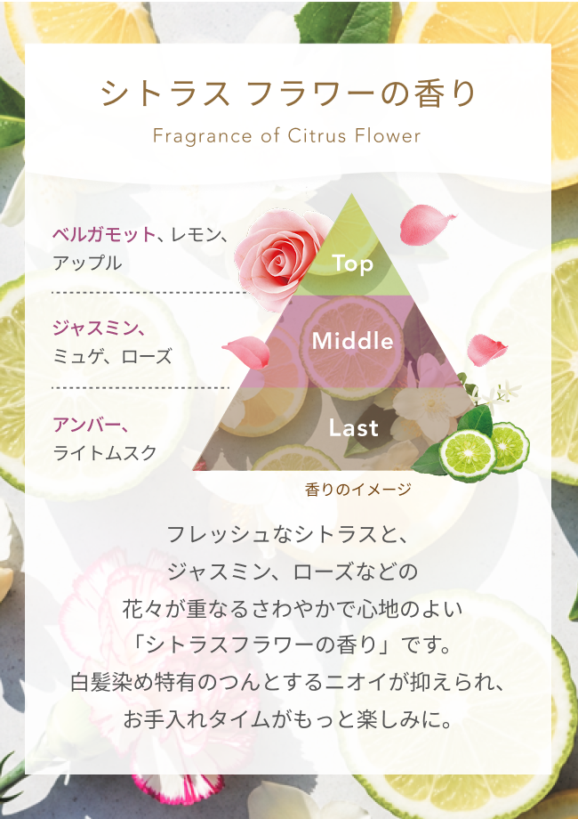 シトラスフラワーの香り Fragrance of Citrus Flower  Top ベルガモット、レモン、アップル  Middle ジャスミン、ミュゲ、ローズ  Last アンバー、ライトムスク  香りのイメージ  フレッシュなシトラスと、ジャスミン、ローズなどの花々が重なるさわやかで心地のよい「シトラスフラワーの香り」です。白髪染め特有のつんとするニオイが抑えられ、お手入れタイムがもっと楽しみに。