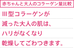 赤ちゃんと大人のコラーゲン量比較 Ⅲ型コラーゲンが減った大人の肌は、ハリがなくなり乾燥して老けて見えます。