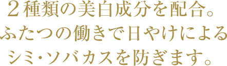 ２種類の美白成分を配合。 ふたつの働きで日やけによるシミ・ソバカスを防ぎます。